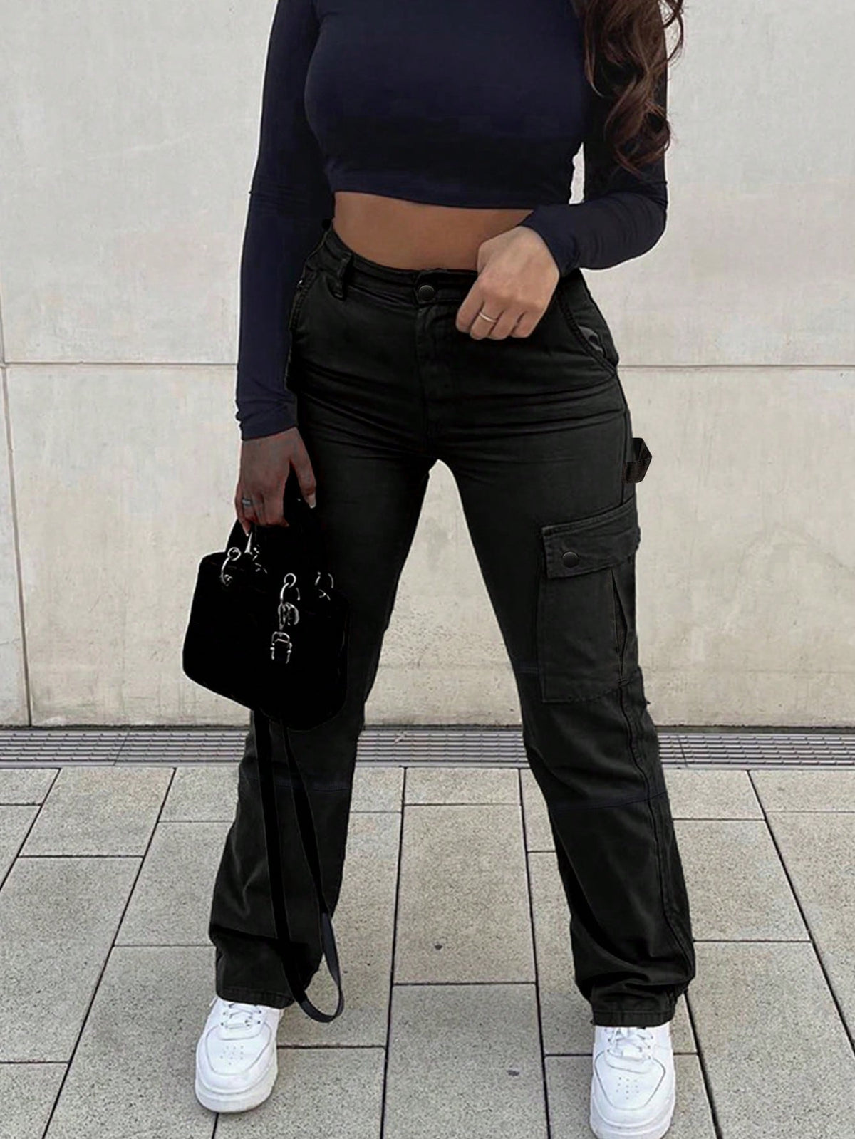 Women's Side Flap Pocket Cargo Pants – Dark Grey - Black
