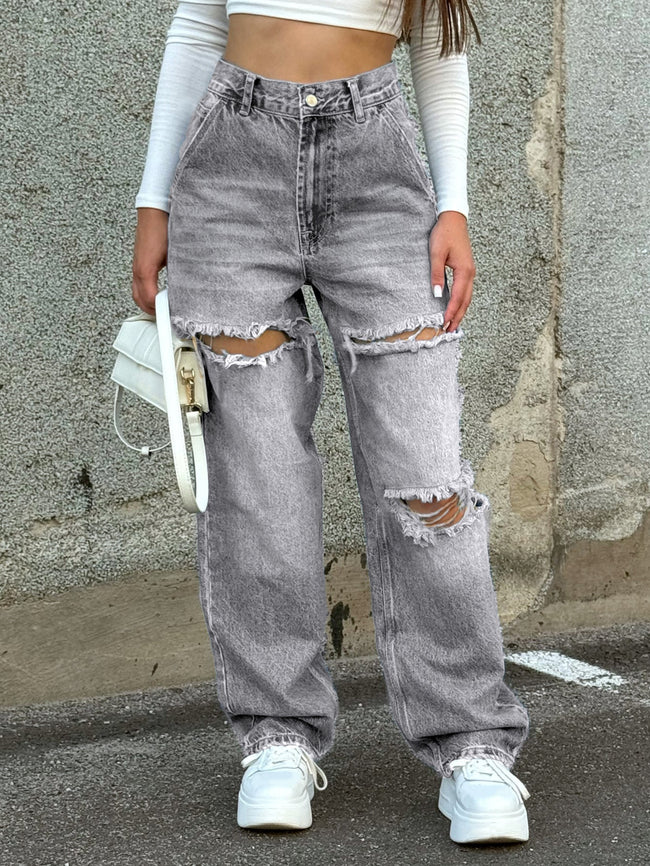 Women's Distressed Pocket Straight Leg Jeans – Y2K Casual Main Image