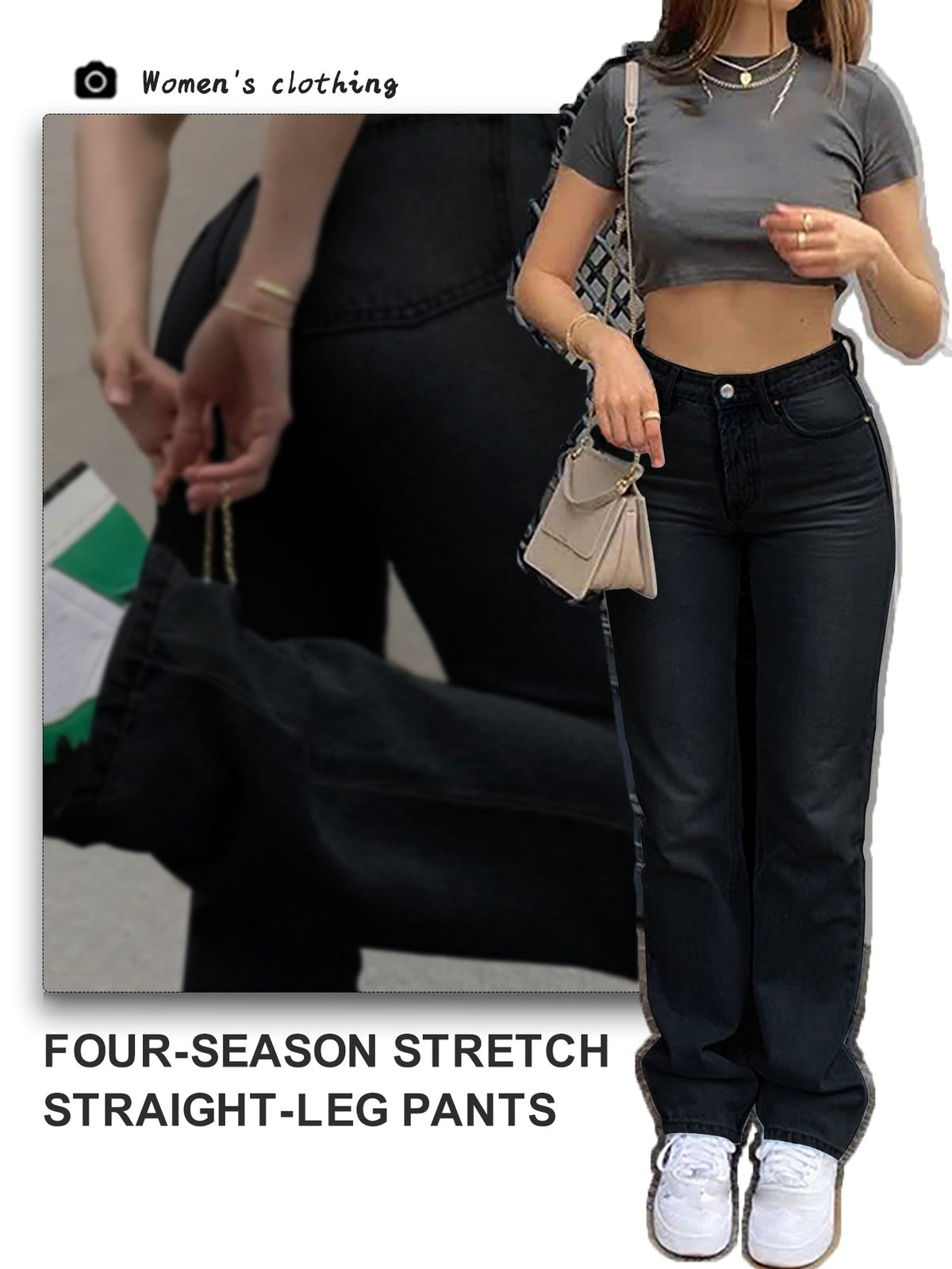 Women's Mid Waist Baggy Straight Jeans – Y2K Splicing - Black