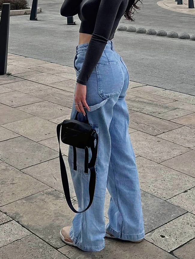 Women's Loose Straight Leg Jeans – Multi Pocket Washed Main Image