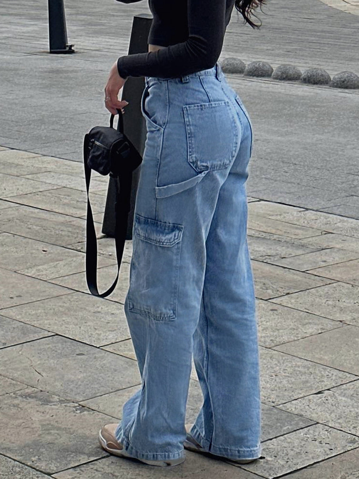 Women's Loose Straight Leg Jeans – Multi Pocket Washed - Blue