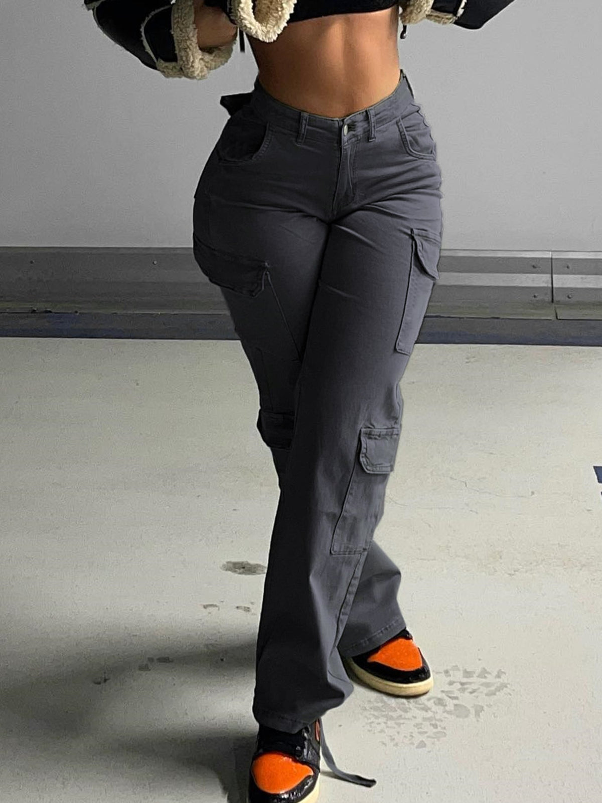 Women's High Waist Multi-Pocket Cargo Pants – Dark Grey - Dark Gray