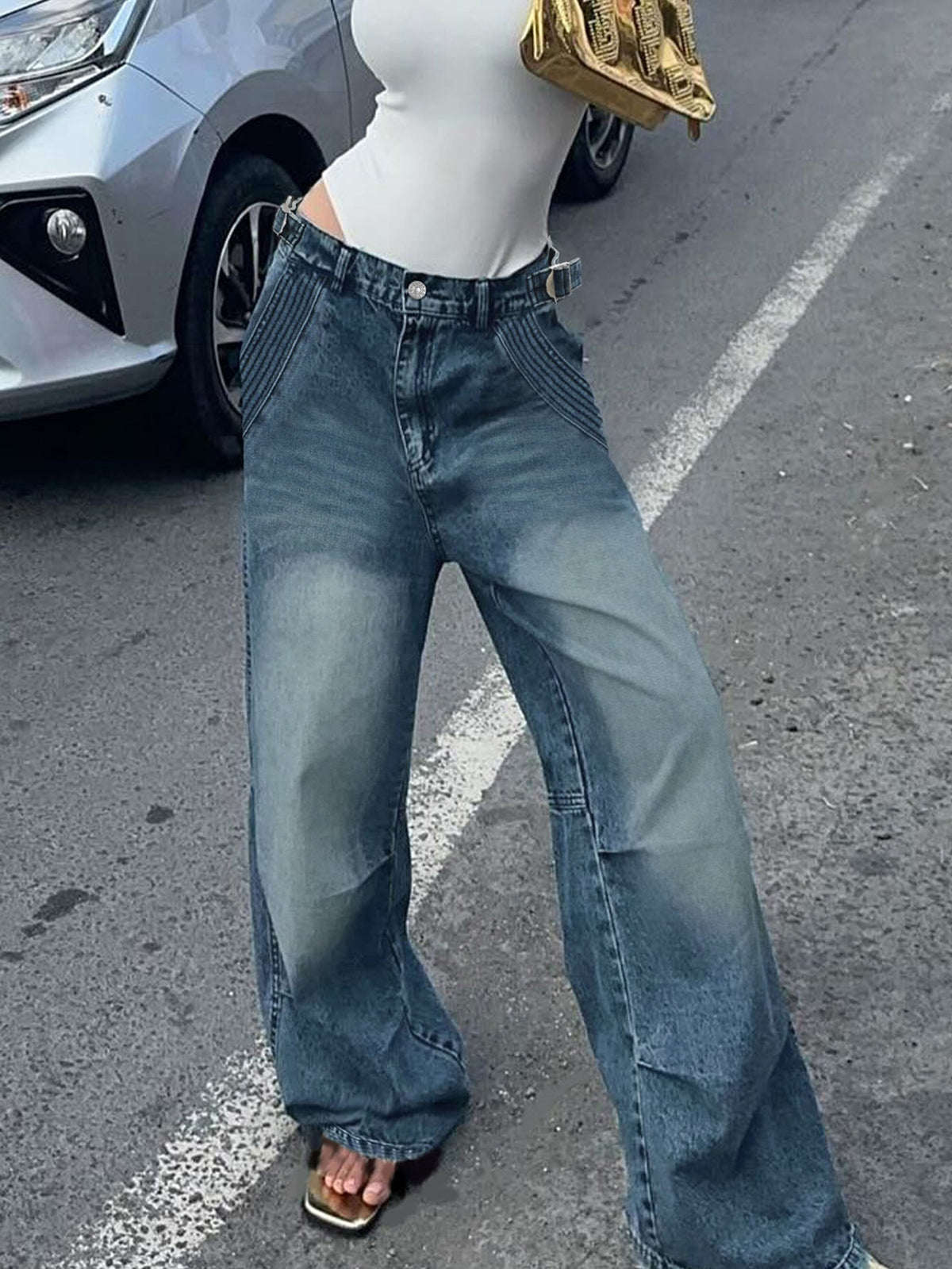 Y2K Streetwear Vintage Women's High Waist Straight Jeans Boyfriend Washed Loose - Blue