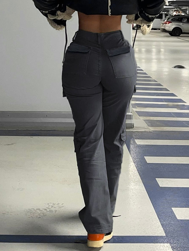 Women's High Waist Multi-Pocket Cargo Pants – Dark Grey Main Image