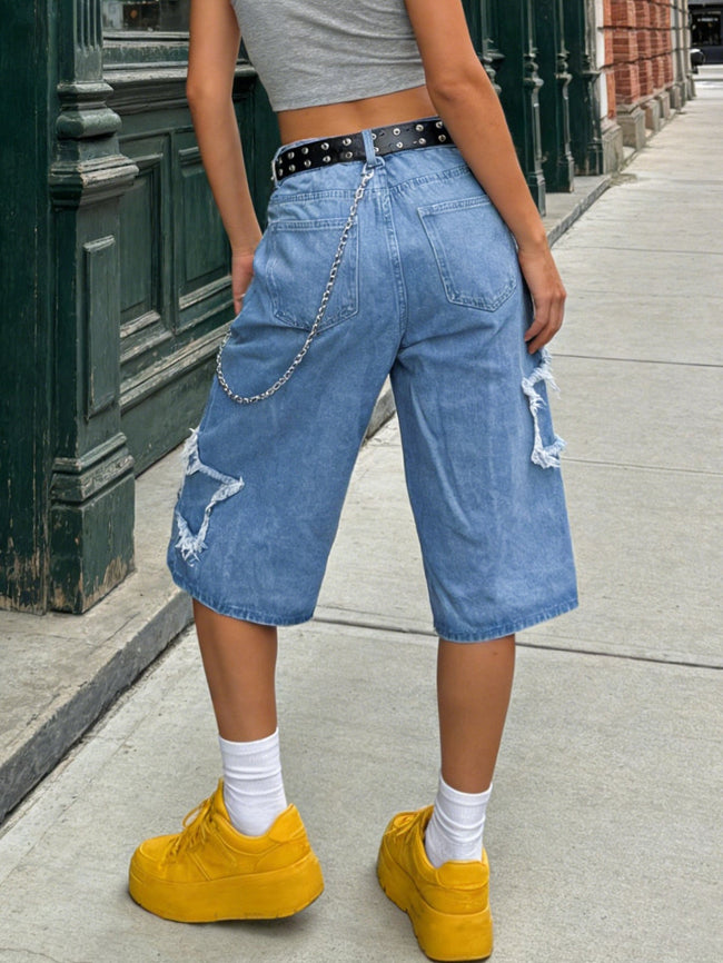 Women's High Waist Straight Leg Shorts Denim Bermuda Button Fly With Pockets Star Pattern Main Image