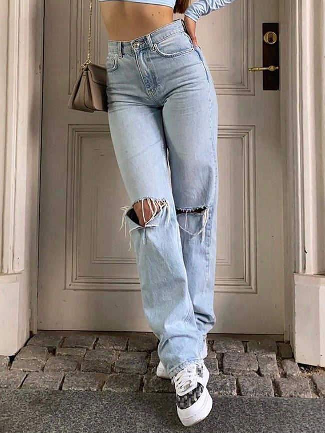 Women's Distressed Straight Leg Jeans – Light Grey Vintage Main Image